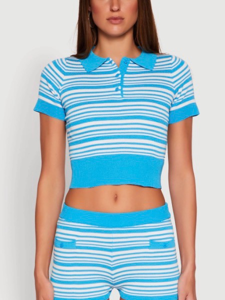 Cropped Striped Polo Top In Sky Blue & White